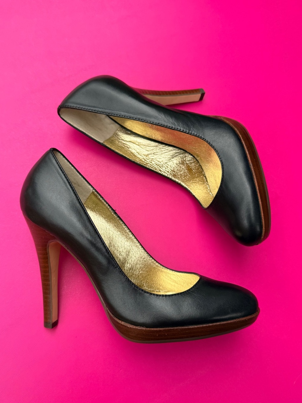 Nine West Meaden Black Leather Round Toe Platform Slip On Stiletto Pump Size 5.5